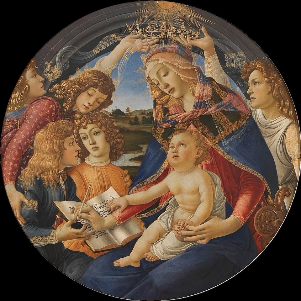Madonna of the Magnificat by Sandro Botticelli was commissioned by a Medici patron. The painting depicts the Virgin Mary crowned by angels. Possibly depicts Lucrezia Tornabuoni, Lorenzo’s mother, as the Virgin Mary.