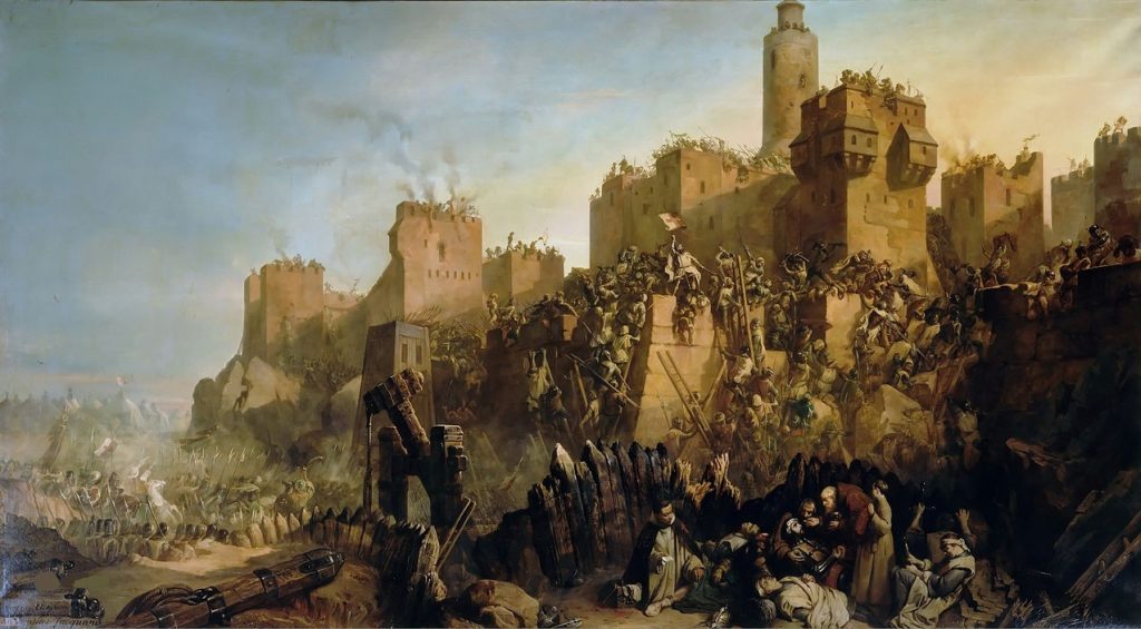 Painting of the last grand master of the Knights Templar Jacques de Molay capturing Jerusalem in 1299. 1846 painting by Claude Jacquand.