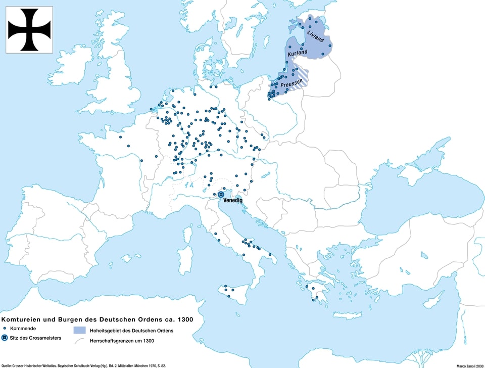 Teutonic Order establishments in 1300 medieval Europe by Marco Zanoli. Illustrates the physical locations the Teutonic Order had and the political power this represented.