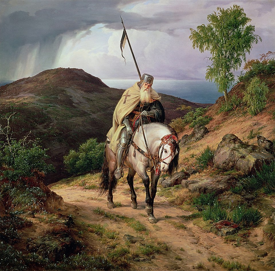 Painting of a Teutonic Knight returning from the Crusades. Based on Karl Immermann’s 1826 poem. Like the Teutonic Order, the Knights Templar fought in the Holy Land and expanded their influence in Medieval Europe.