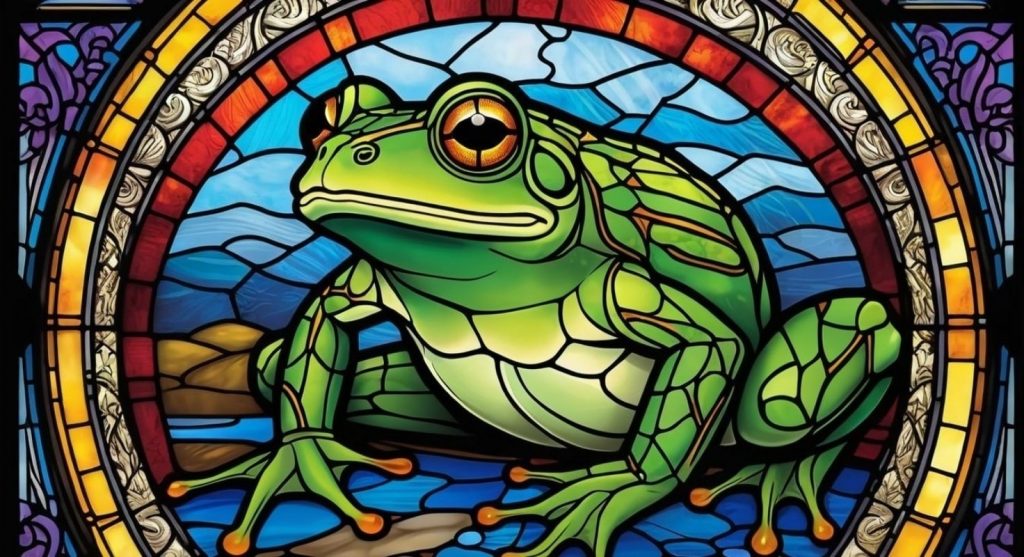 Stained glass artwork featuring a bank frog.