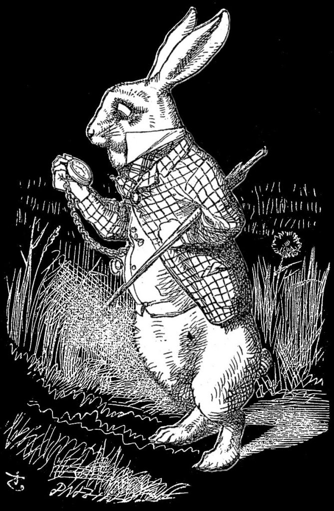 The White Rabbit anxiously checking his watch. Symbol of time pressure illustrating the constant race against the clock on the financial timeline.