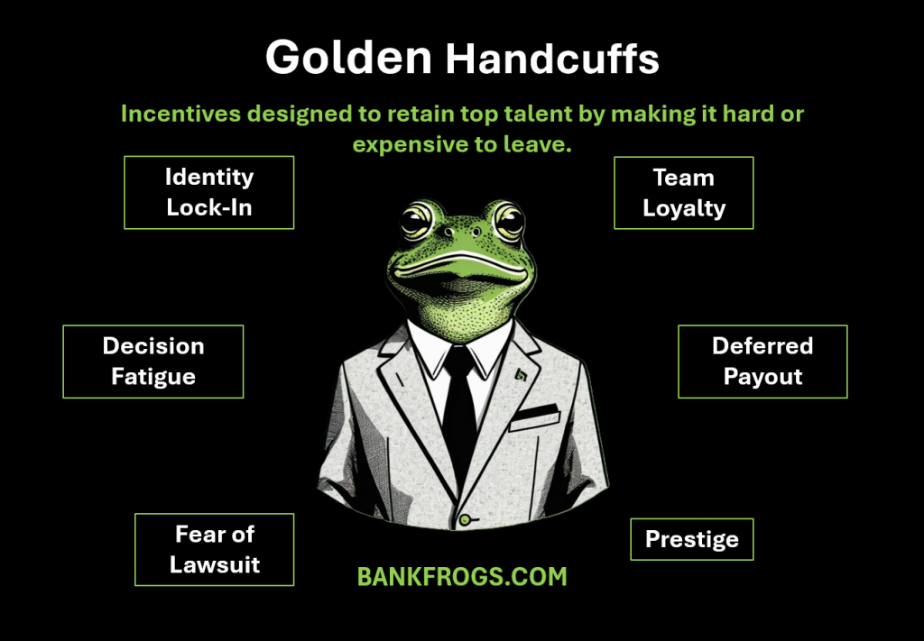Summary illustration of golden handcuffs or incentives to keep people in.