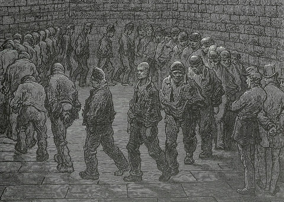 Engraving by Héliodore Pisan of a Gustave Doré illustration. Shows the exercise yard of Newgate Prison in London. Parallel to employees bound by non-compete agreements, delayed financial incentives, and golden handcuffs.