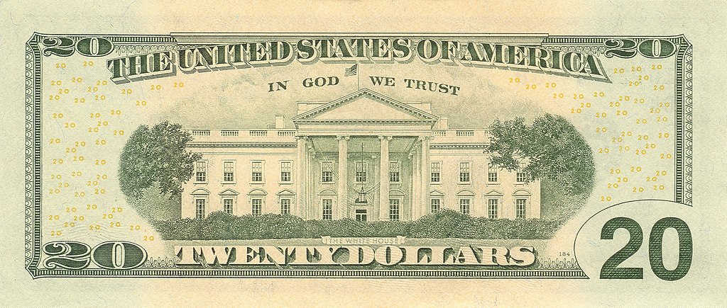 The north front of the White House on the reverse of the US  bill.