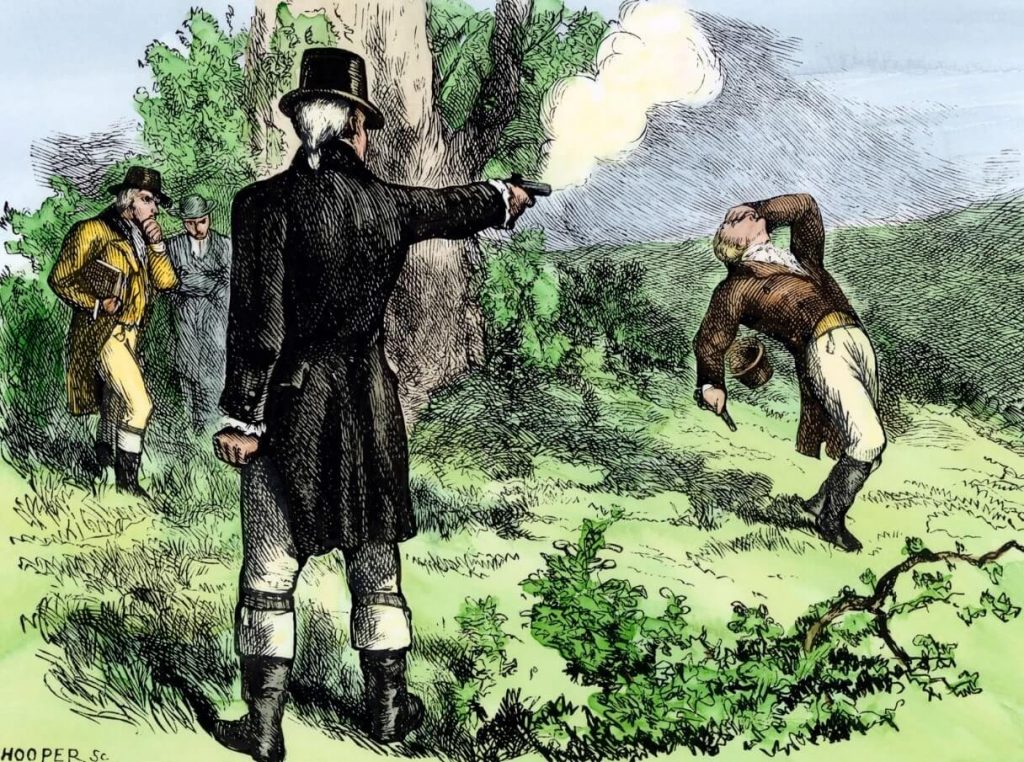 Cartoon of Alexander Hamilton. The founder of modern US banking, depicted being shot during a duel with Aaron Burr. By Hooper.