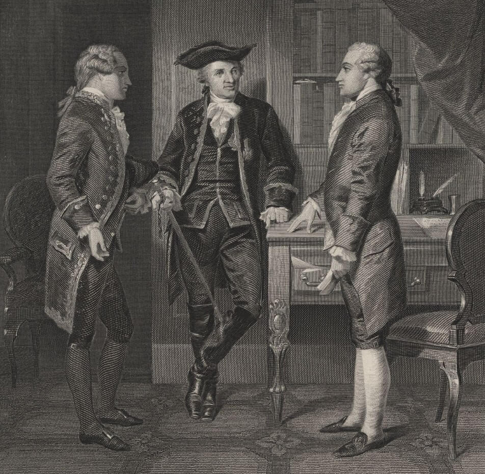 This painting depicts Baron de Kalb introducing Lafayette to Silas Deane. It highlights key figures involved in securing French financial support for the American Revolution.