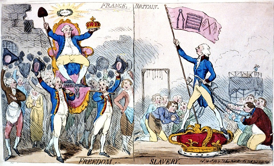 Cartoon by James Gillray titled France–Britain–Freedom–Slavery, depicting Jacques Necker and William Pitt. On the left, Necker is shown triumphing in a land of "Freedom" (France), while on the right, Pitt represents "Slavery" (Britain). A satirical contrast between revolutionary ideals and perceived British repression.