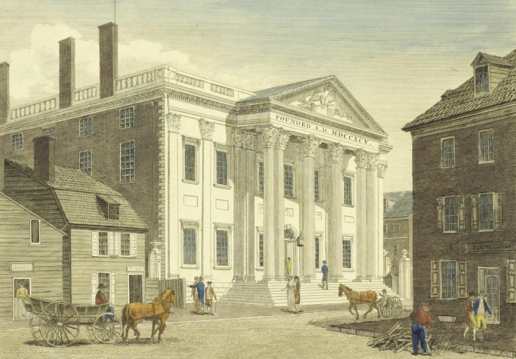 Girard's Bank, late the Bank of the United States, in Third Street, Philadelphia. Painting from the 1830s showing the former First Bank building.