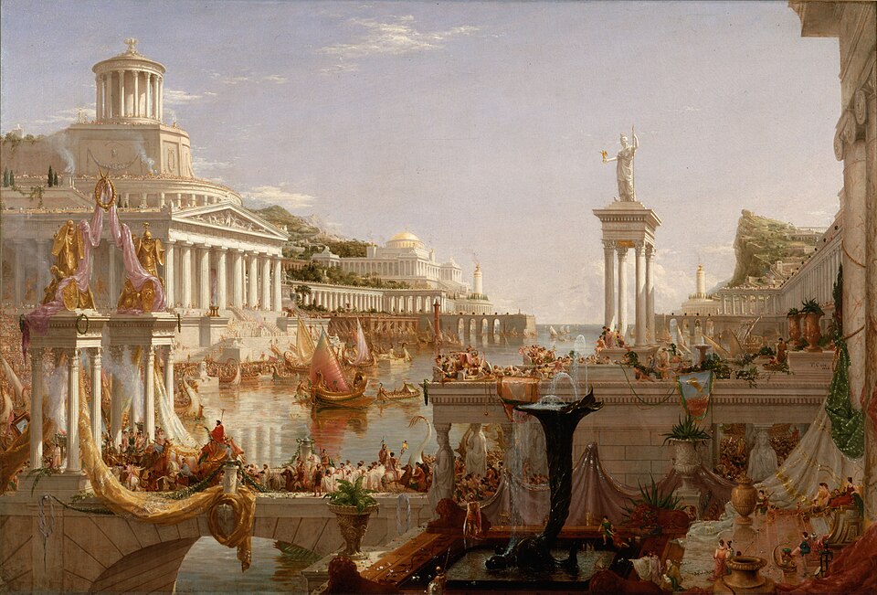 Thomas Cole’s “The Consummation of Empire,” symbolizing the peak of power before collapse. Mirrors overgrown financial systems.
