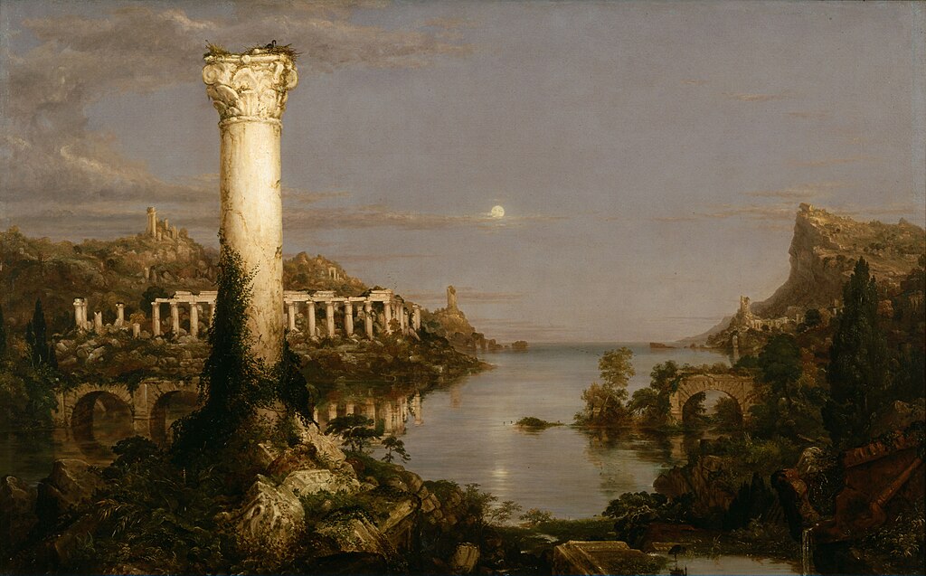 Thomas Cole’s “Desolation,” showing ruins after the fall of empire. What remains once the system fails.