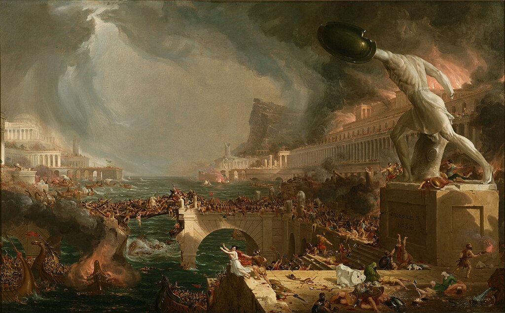 Thomas Cole’s “Destruction” illustrates how massive institutions, such as great empires, collapse under their own weight. Allegory for systemic failure, making parallels to the banking system.