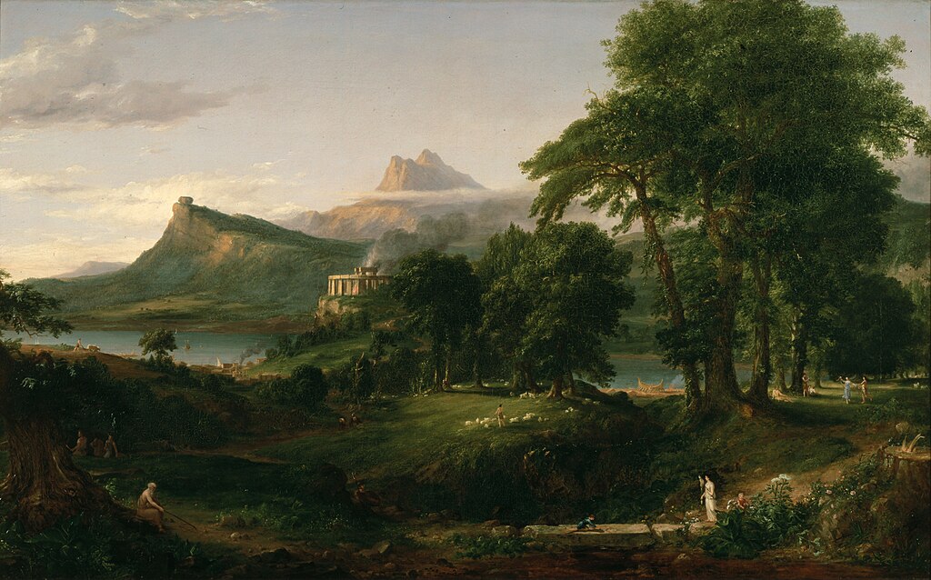 Thomas Cole's “The Arcadian or Pastoral State.” Moment of balance the beginning of centralization, before growth gives way to failure and collapse.