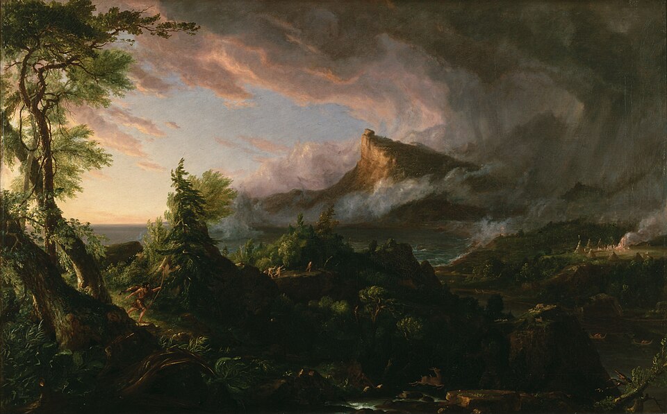 “The Savage State” by Thomas Cole, depicting early civilization before the rise of complex systems. Symbol of decentralization before central power leads to downfall.