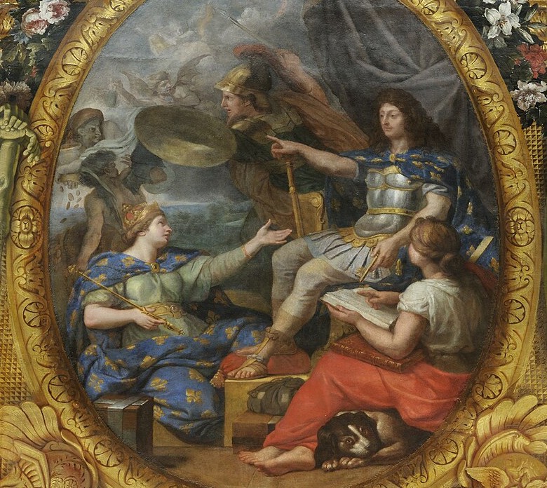Louis XIV appears as the triumphant restorer of the French treasury. He is surrounded by the allegories of Finance and Abundance, as corruption and disorder are cast away.